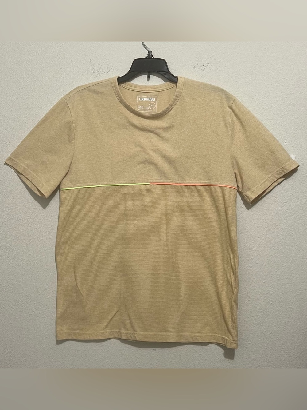 Express Men's Tan Short-Sleeve Crewneck with Neon Yellow & Neon Orange Trim